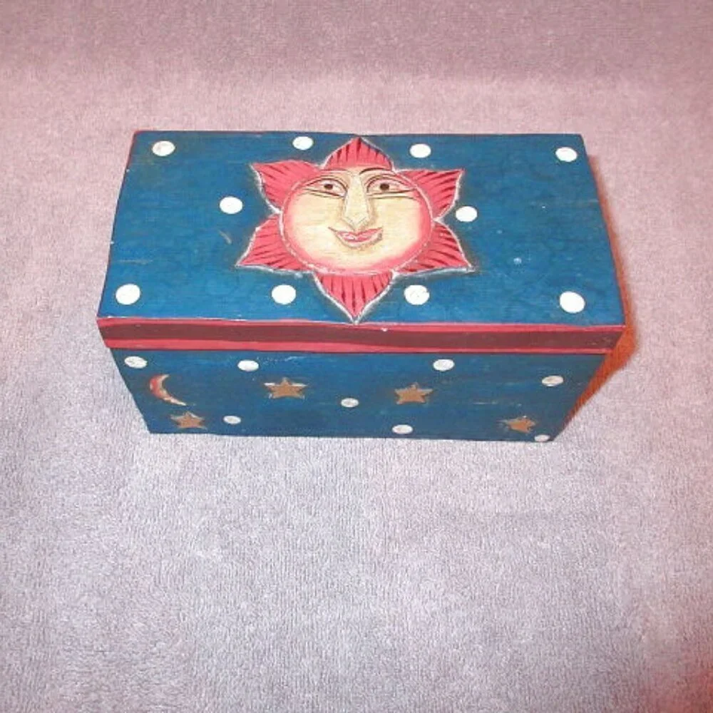 Vtg Celestial Moon & Sun Wood Stash Box 3D Astral Stars Cosmic Painted Lunar 70s